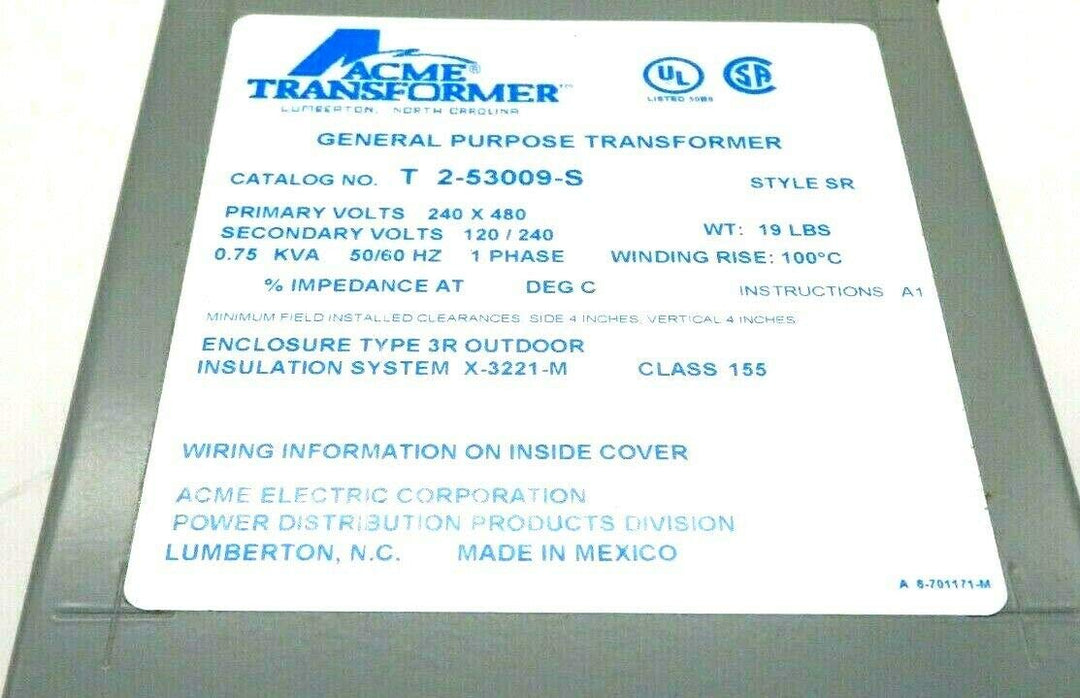 Acme Electric T253009S Transformer 750VA 1P 240/480V 120/240V Isolation - Diamond Home USA