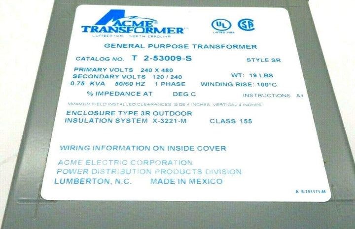 Acme Electric T253009S Transformer 750VA 1P 240/480V 120/240V Isolation - Diamond Home USA