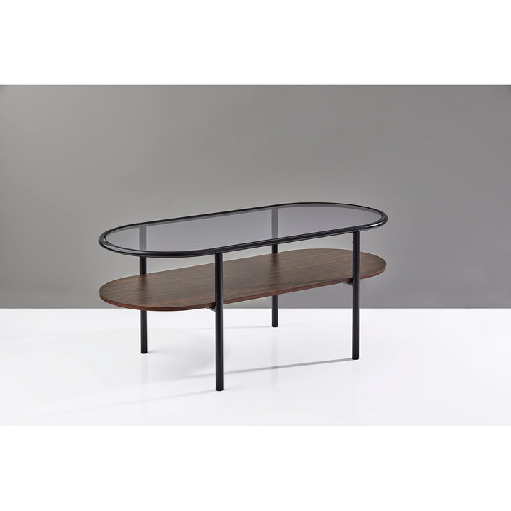 Coffee Table Black Modern Contemporary Transitional Oval Glass MDF Walnut Finish