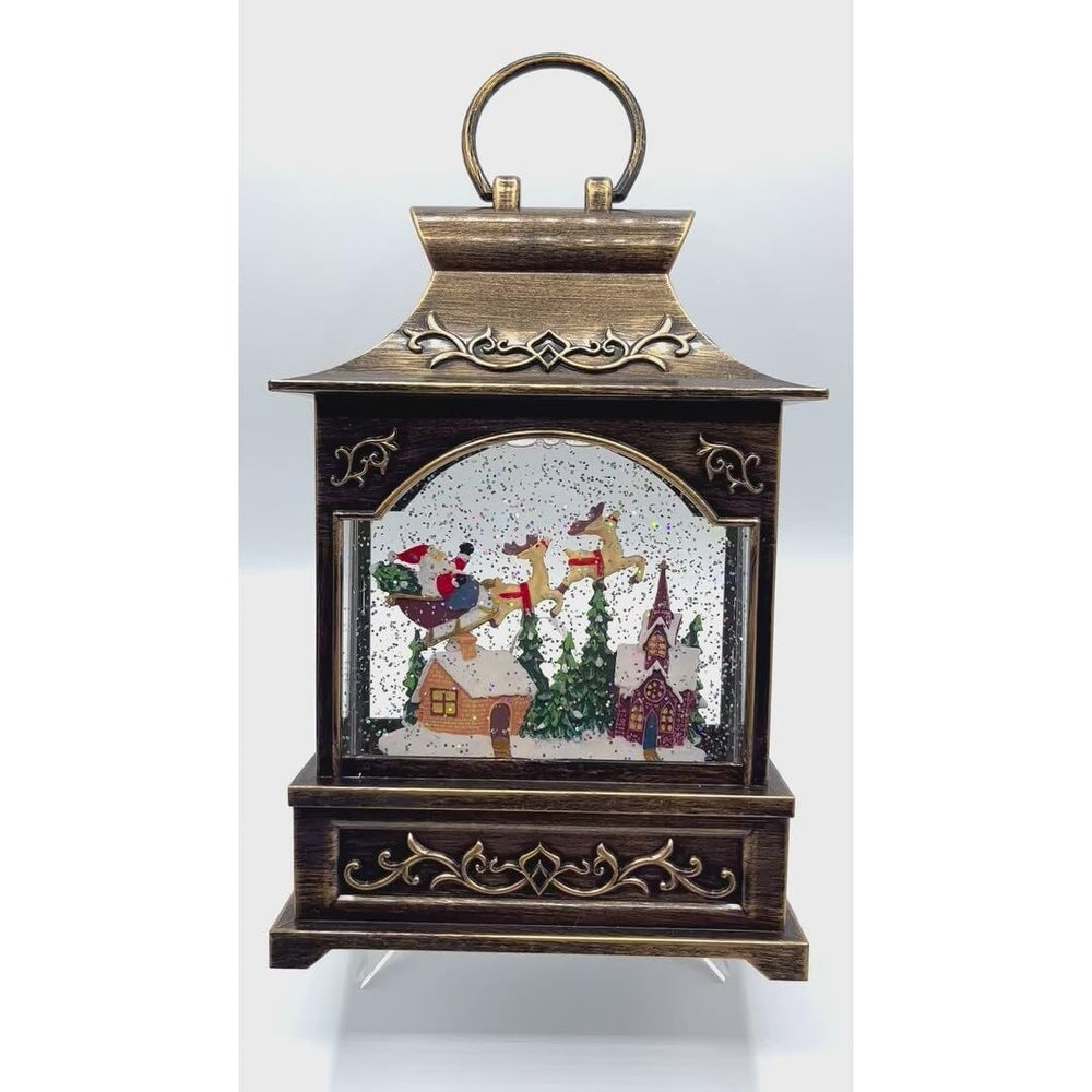 Water Snow Glitter Lantern with Deer and House Inside Brown Acrylic - Diamond Home USA