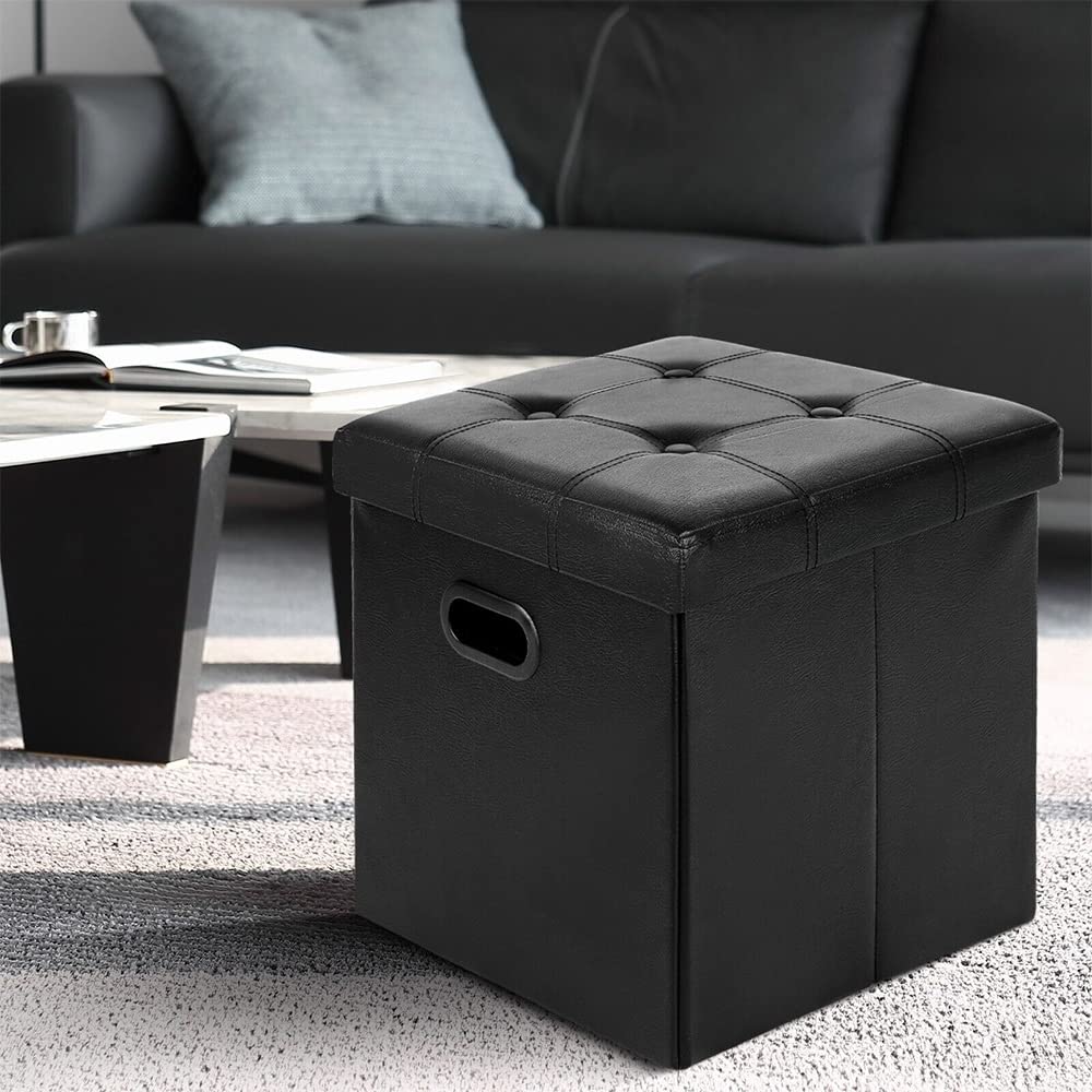 2pcs Folding Storage Ottoman with Hole Handles Leather ube Black Solid Modern