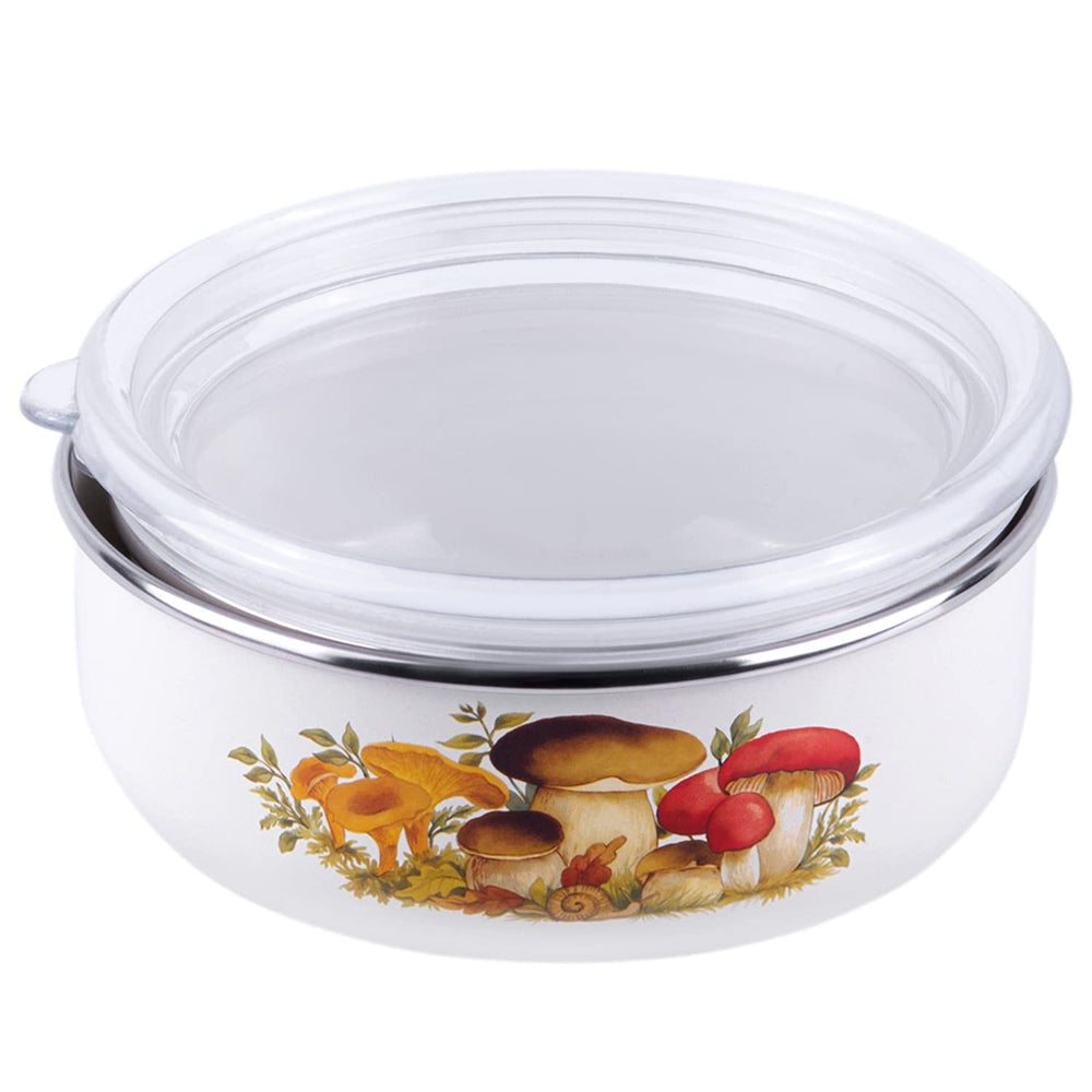 Set Of 2 Mushrooms Enamel Storage Bowl W/Lid Multi Color White Garden Piece - Diamond Home USA