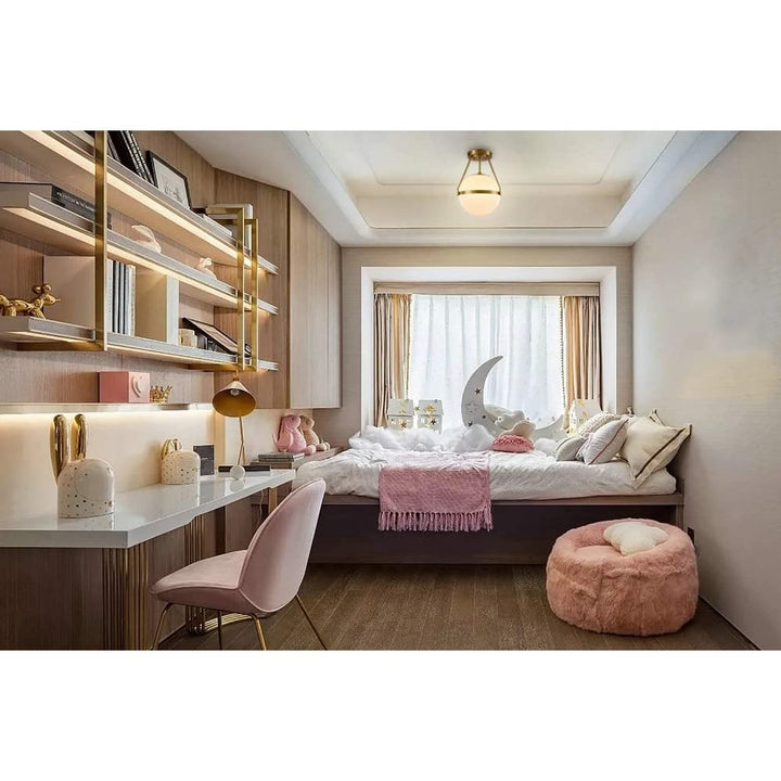 Mid Century Brass Globe Semi Flush Mount Ceiling Light Opal Glass Shade - Diamond Home USA