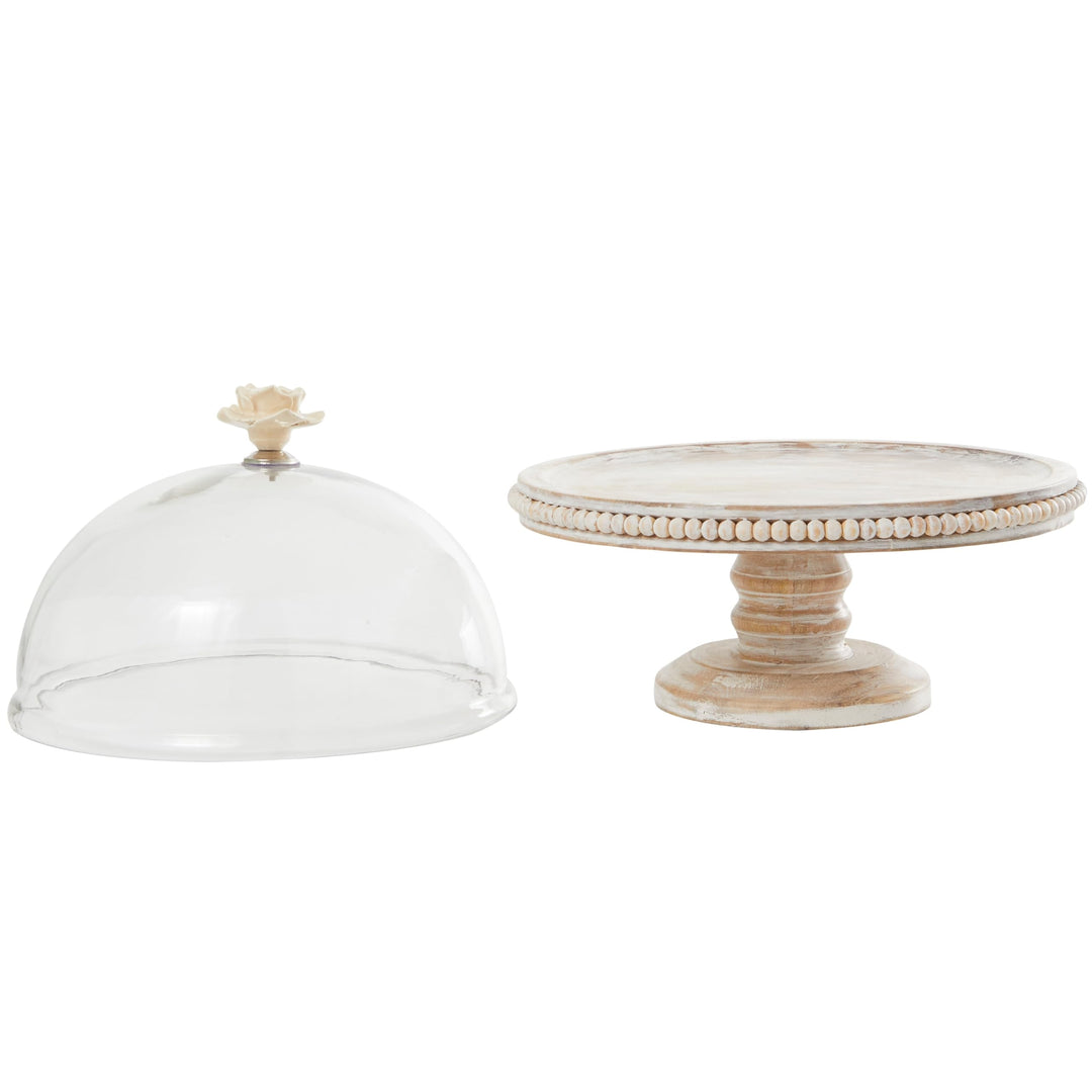 Cream Mango Wood Cake Stand with Glass Dome 12" X - Diamond Home USA