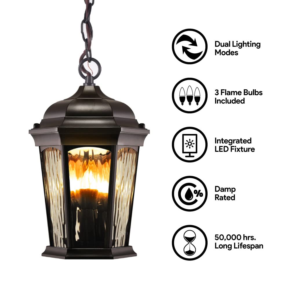 Euri Lighting EHL-130W-MD Flickering Flame Hanging Lantern Water Glass with - Diamond Home USA