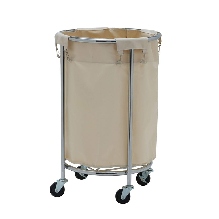 Round Commerical Laundry Hamper On Wheels Chrome Silver Metal
