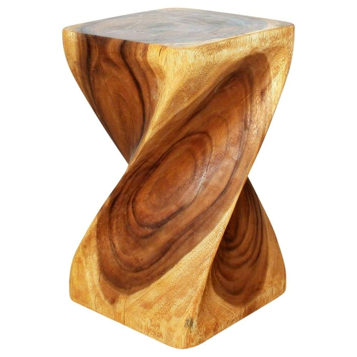 Big Twist Wood Stool Table 12 in Sq X 20 H Oak Oil Brown Gold Modern