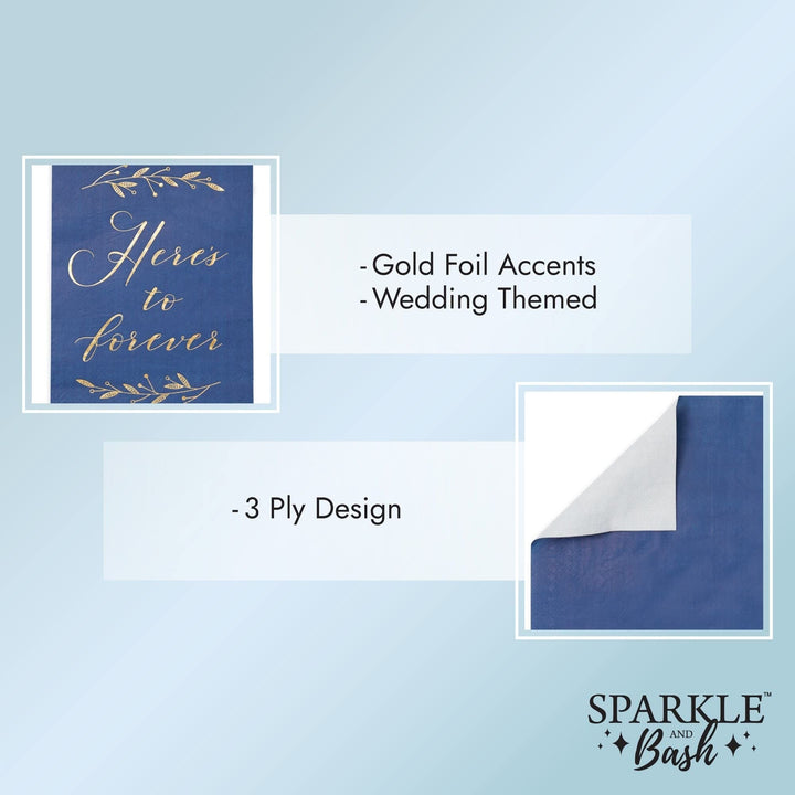 Navy Blue Dinner Napkins for Wedding eception Here's to Forever (4x8 in Pack) - Diamond Home USA