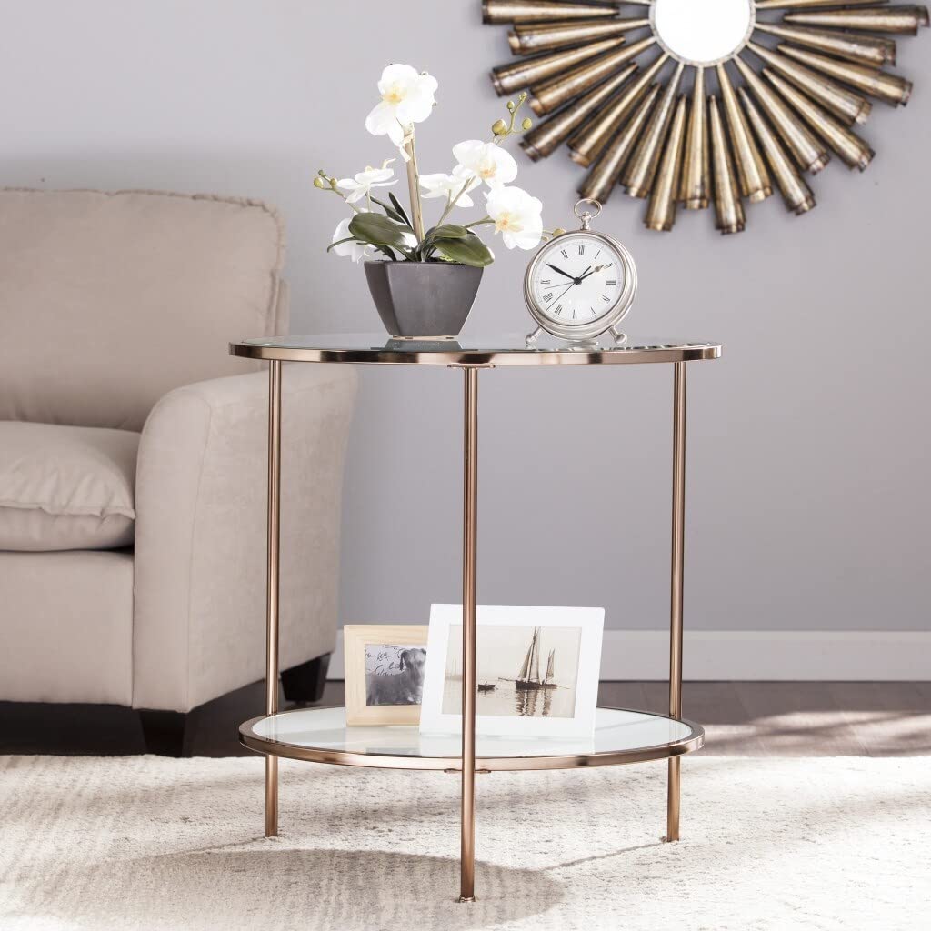 26" Gold Glass and Iron Round End Table with Shelf 24.25x24.25x26.25 Traditional - Diamond Home USA