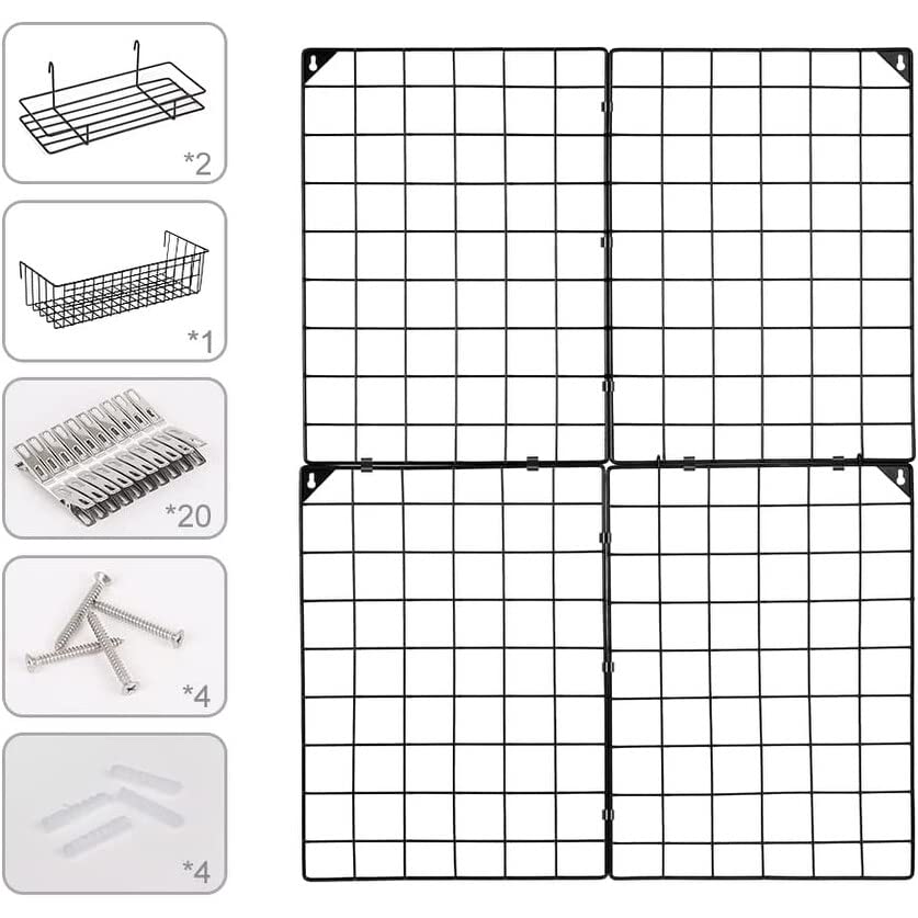 Wall Grid Panel with Wire Baskets Black Industrial Metal - Diamond Home USA
