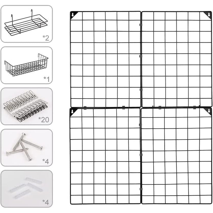Wall Grid Panel with Wire Baskets Black Industrial Metal - Diamond Home USA