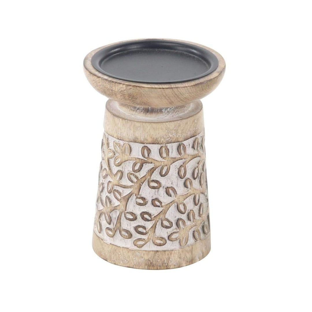 3-Piece Rustic Mango Wood Flourish-Patterned Candle Holder Set Brown Bohemian - Diamond Home USA