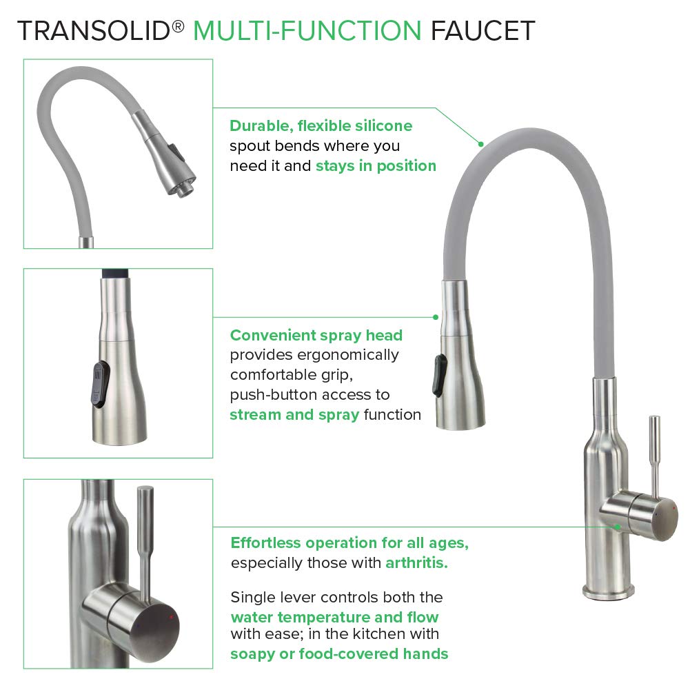 Transolid PF7509C Kitchen/Laundry Faucet with Dual Spray and Flex Neck in Grey Brushed Nickel/Grey - Diamond Home USA
