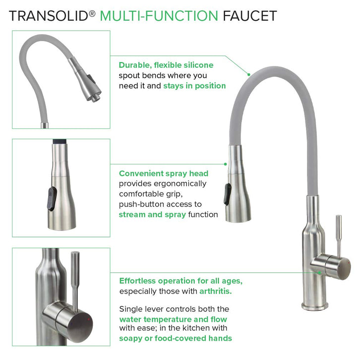 Transolid PF7509C Kitchen/Laundry Faucet with Dual Spray and Flex Neck in Grey Brushed Nickel/Grey - Diamond Home USA