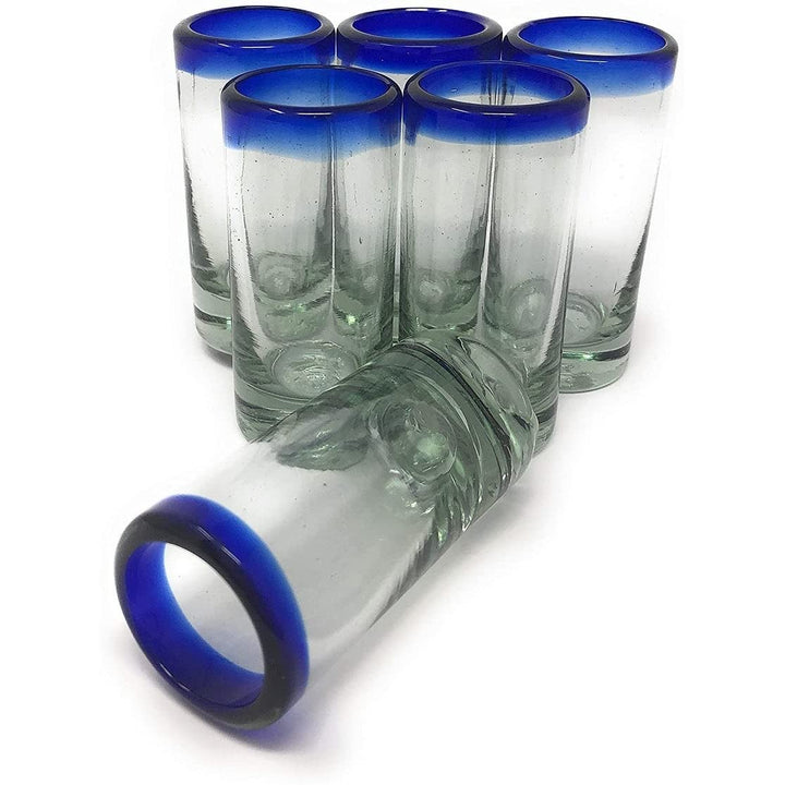 Hand Blown Mexican Tequila Shot sses Set Of 6 Cobalt Blue Rim (2 Oz Each)