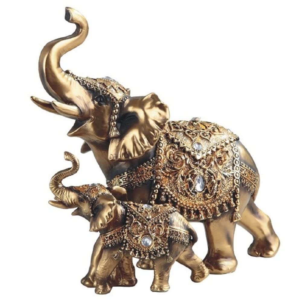 9.25" w Gold Thai and Cub with Trunk Up Statue Decoration Religious Figurine