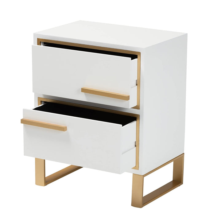 Contemporary Glam and White Finished Wood Gold Metal 2-Drawer Nightstand - Diamond Home USA
