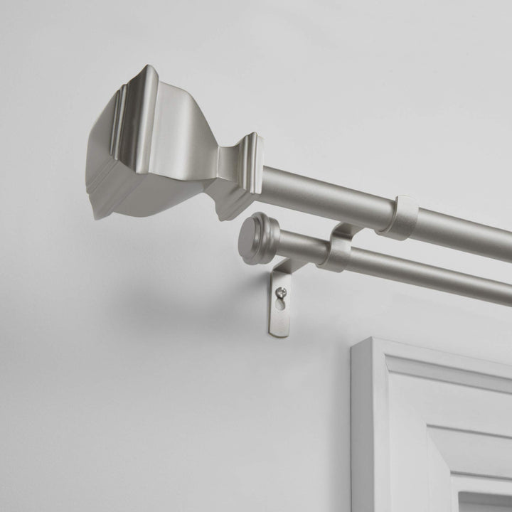 Exclusive Home Napoleon Double Curtain Rod and Finial Set Matte Silver 66"-120" - Diamond Home USA