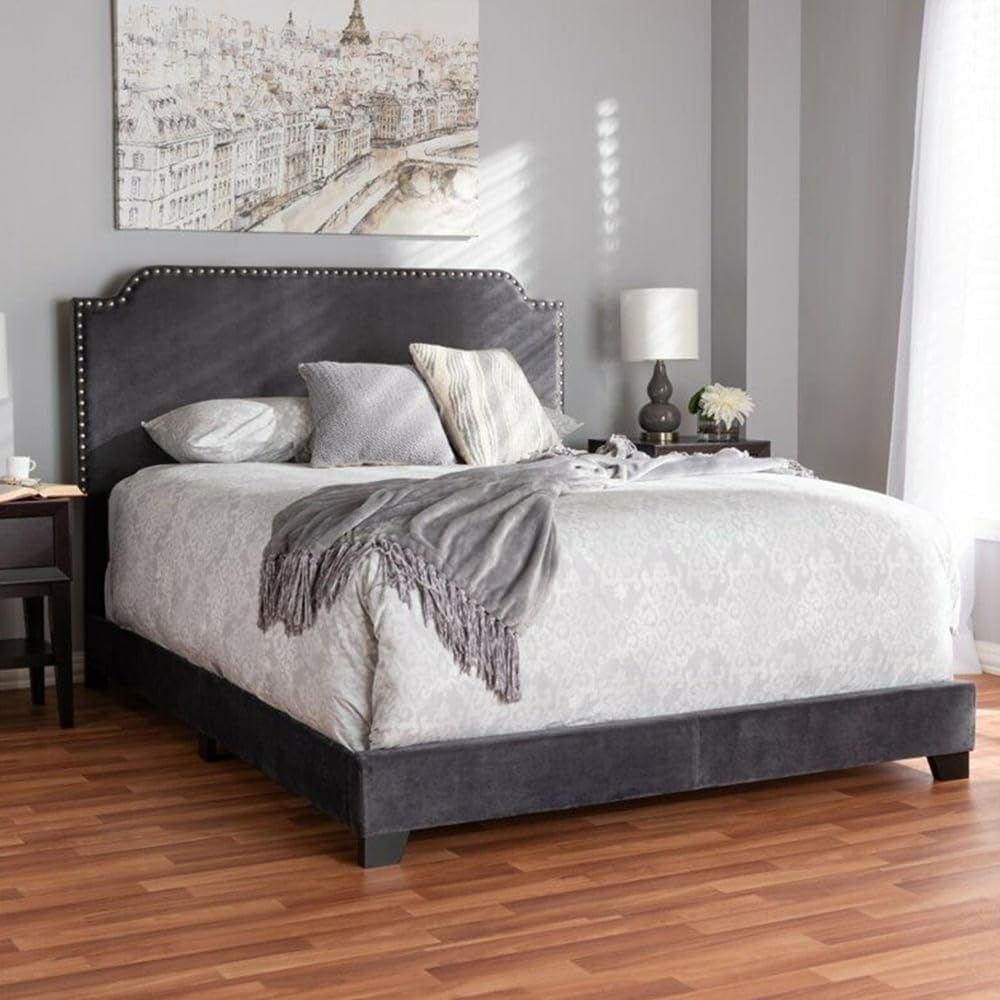 King Size Velvet Nailhead Upholstered Bed Grey Modern Contemporary Finish