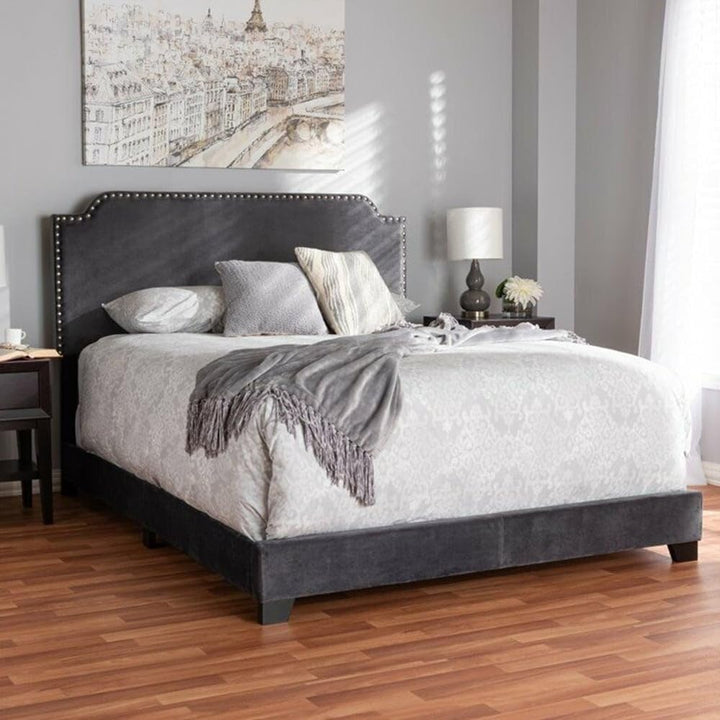 King Size Velvet Nailhead Upholstered Bed Grey Modern Contemporary Finish