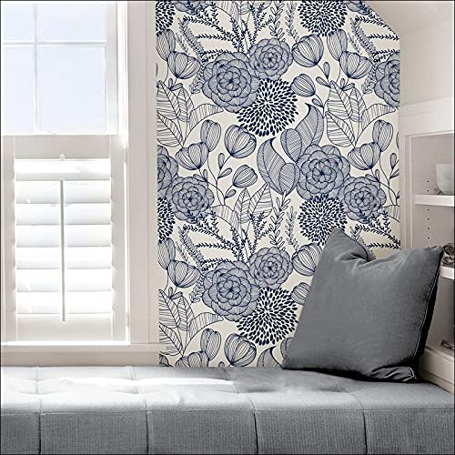 Navy Secret Garden Peel Stick Wallpaper X 20.5in Blue Floral Wildlife Vinyl - Diamond Home USA