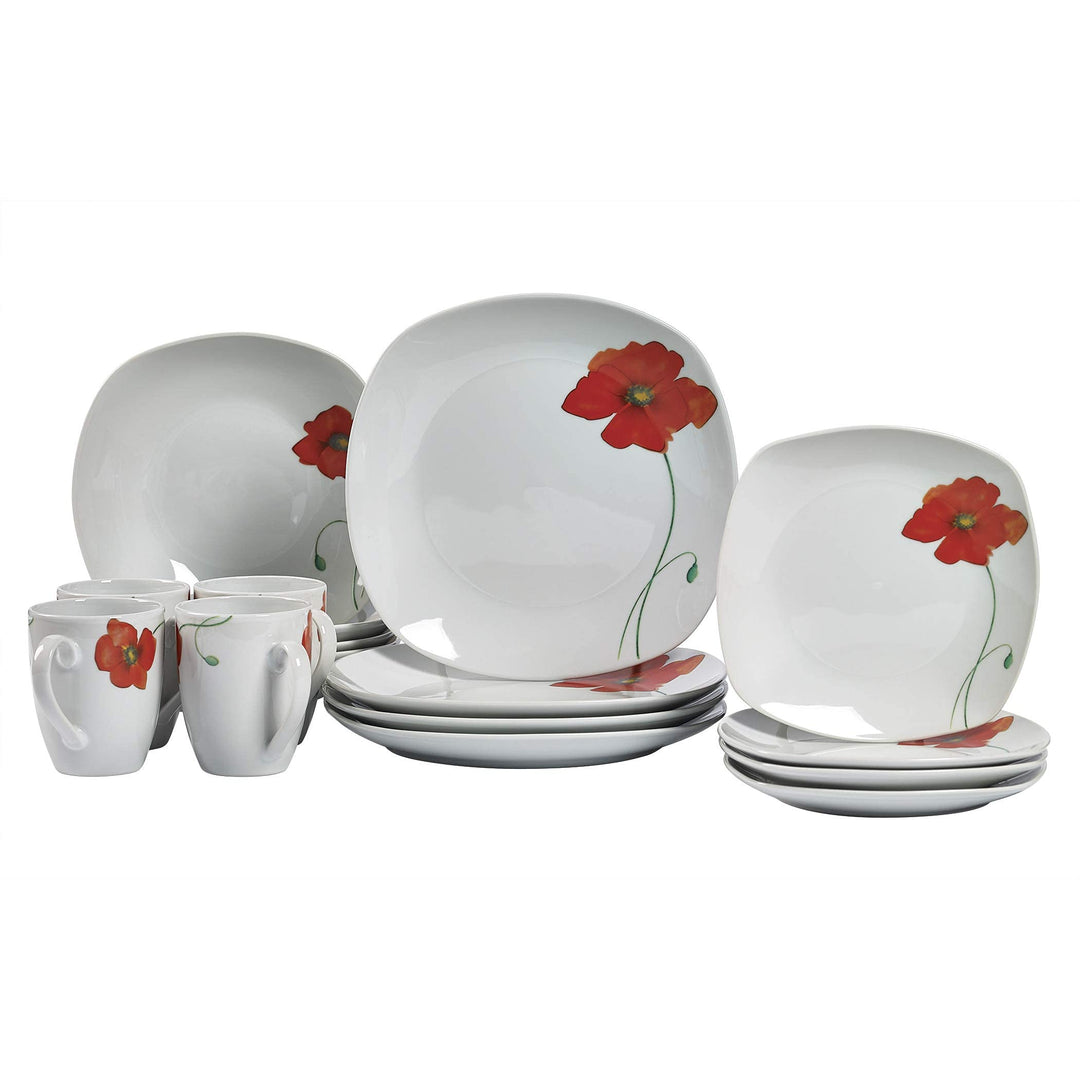 Tabletops Gallery Poppy - 16 Piece Square Dinnerware Set Service of 4 - Diamond Home USA