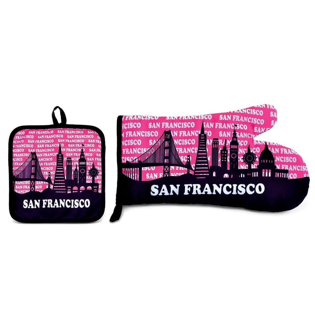 Puzzled San Francisco Skyline Pink Kitchen Oven Mitt Pot Holder Set Famous Sites