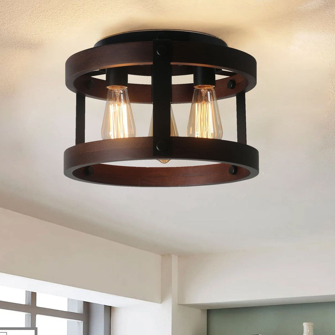 Farmhouse 13.4-in. Wood Caged Square Flush Mount Ceiling Light 13.8*13.8*9h