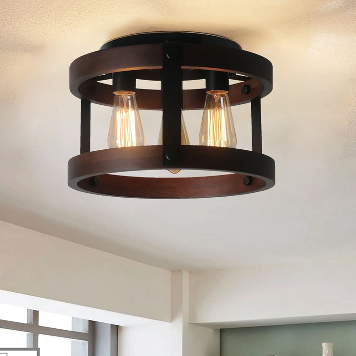 Farmhouse 13.4-in. Wood Caged Square Flush Mount Ceiling Light 13.8*13.8*9h