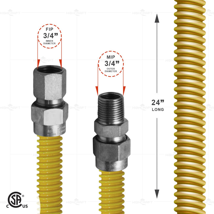 Gas ector 24 inch Yellow Coated Stainless Steel 1” OD Flexible Gas Hose - Diamond Home USA