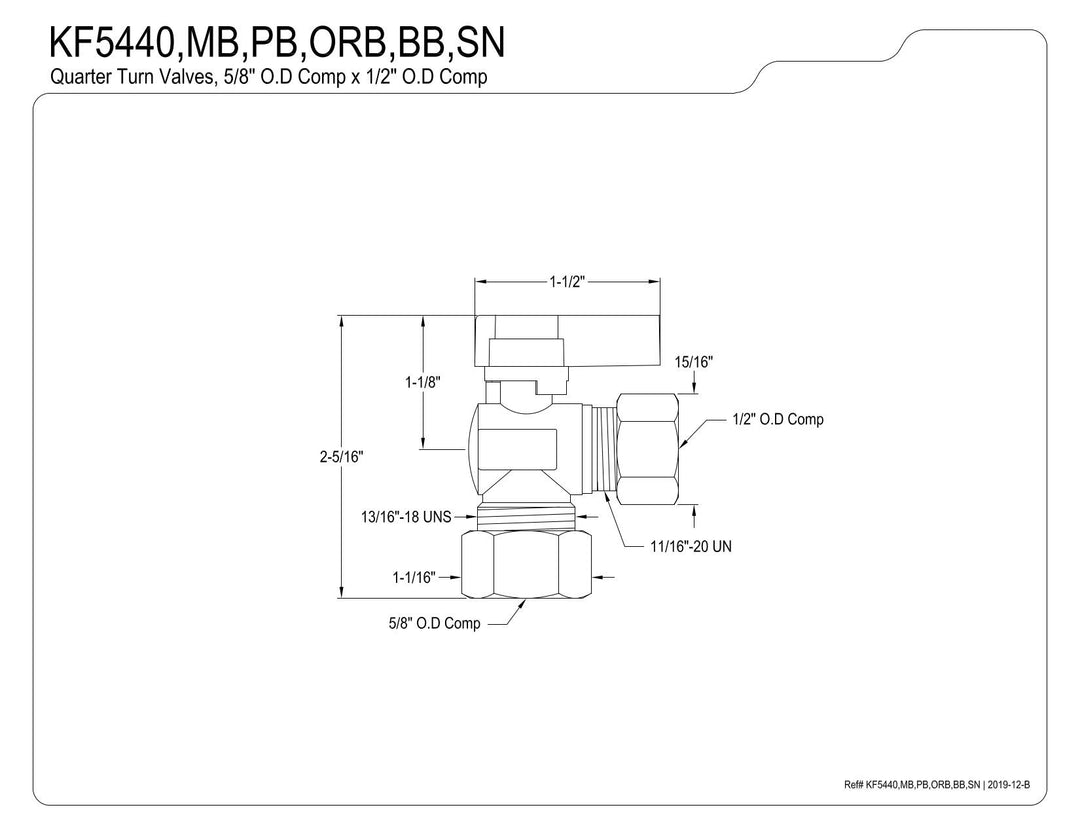 Kingston Brass KF5440MB 5/8-Inch 1/2-Inch OD Comp Angle Stop Valve 5/8" O.D Comp Matte Black