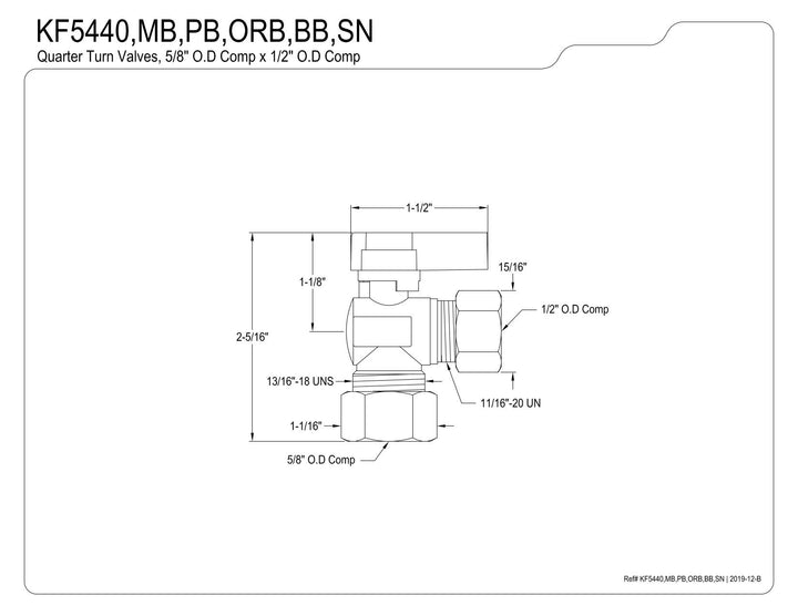 Kingston Brass KF5440MB 5/8-Inch 1/2-Inch OD Comp Angle Stop Valve 5/8" O.D Comp Matte Black