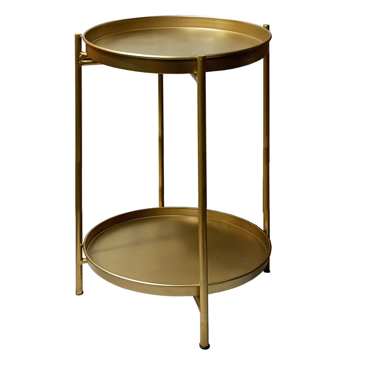 20 Inch High Round Side End Table with 2 Tier Iron Frame Matte Gold Modern
