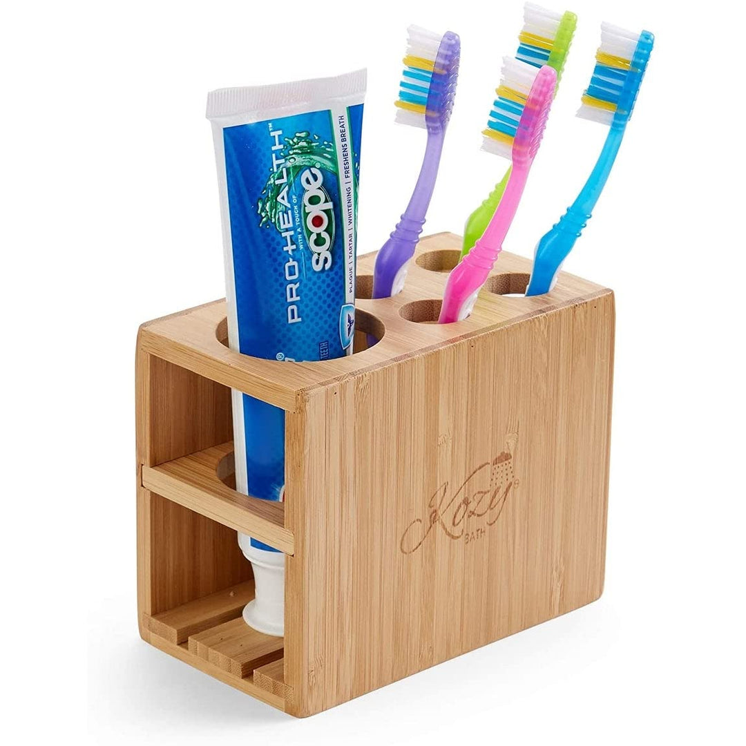 Bath Toothbrush and Toothpaste Holder Stand for Bathroom Vanity Storage Bamboo 5