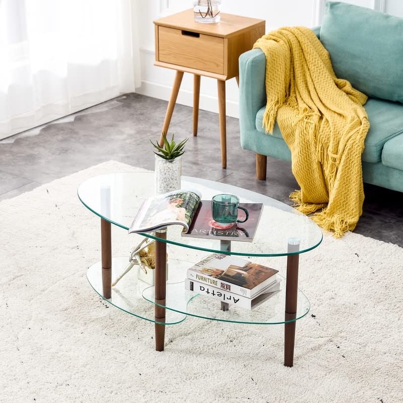 Oval Glass Coffee Table 3-Tier Transparent with Wood Leg Brown Modern - Diamond Home USA
