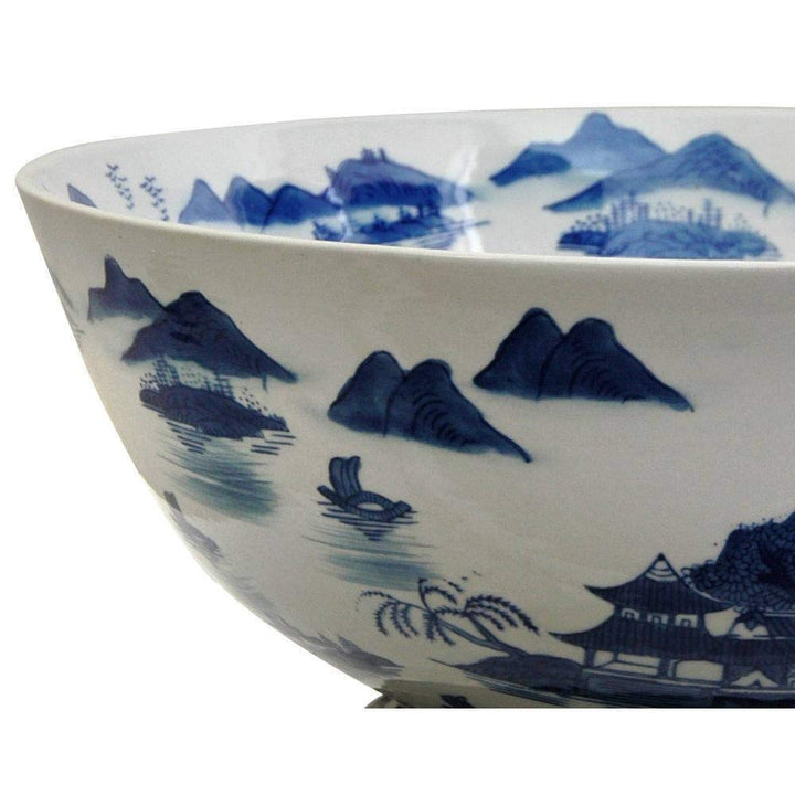 Handmade Porcelain 14-inch Blue And White Landscape Bowl (China) - Diamond Home USA