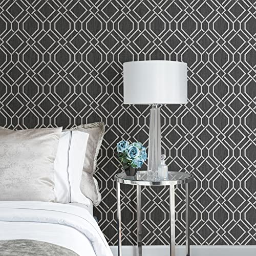 Charcoal Trellis Wallpaper Grey Geometric Traditional Vinyl Washable - Diamond Home USA