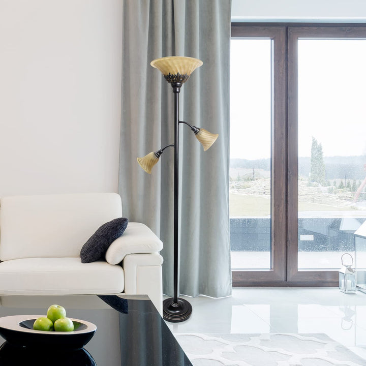 Lalia Home Bronze and Amber 3-Light Torchiere Floor Lamp RESTORATION BRONZE/AMBER SHADES - Diamond Home USA