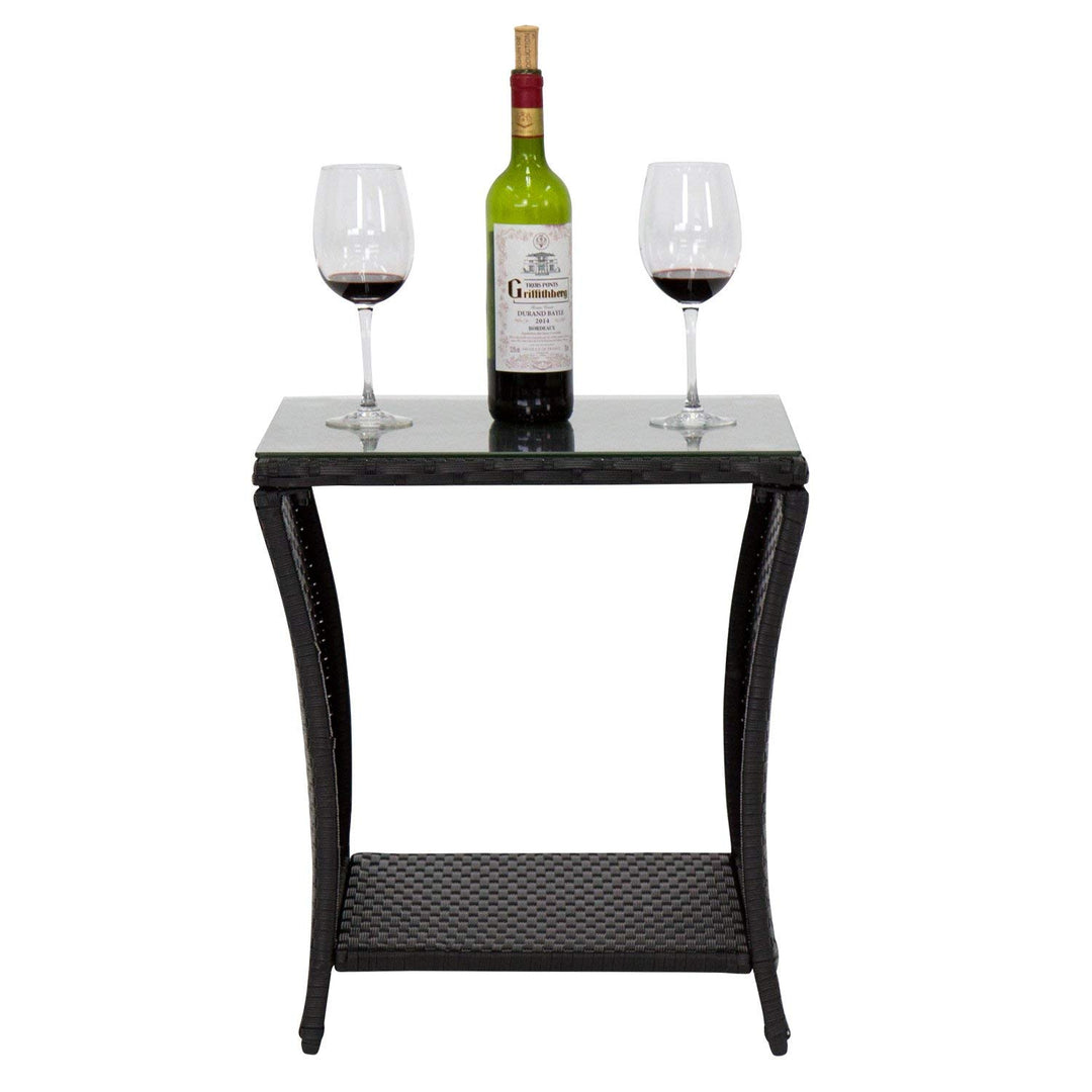 KINTNESS Black Outdoor Square Wicker Rattan Side Tea Table w/Glass Top Patio - Diamond Home USA