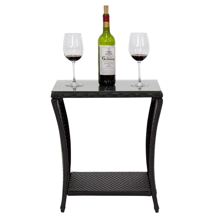 KINTNESS Black Outdoor Square Wicker Rattan Side Tea Table w/Glass Top Patio - Diamond Home USA