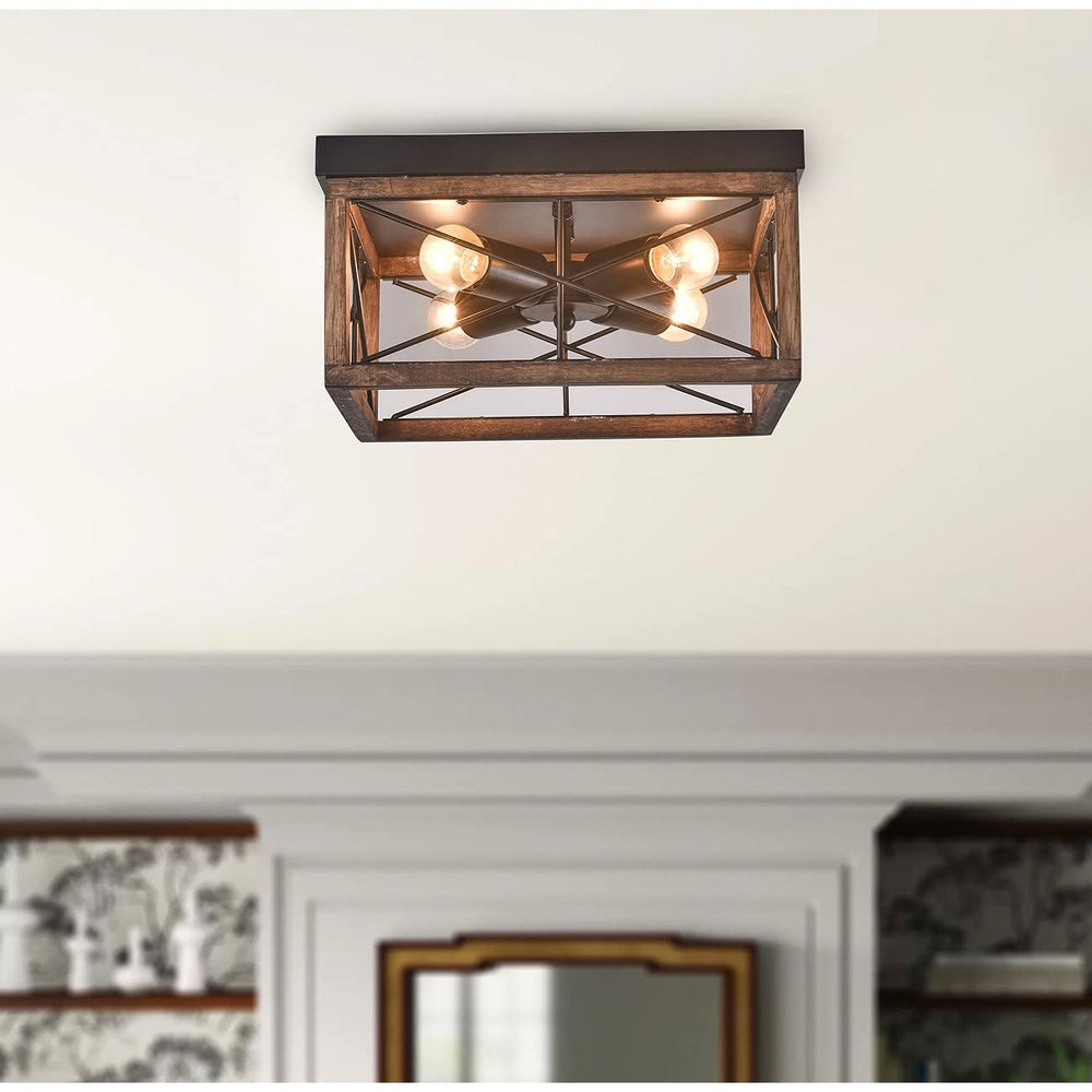 Rustic Farmhouse Cage Shape Ceiling Light Black and Brown 4-Light Geometric - Diamond Home USA