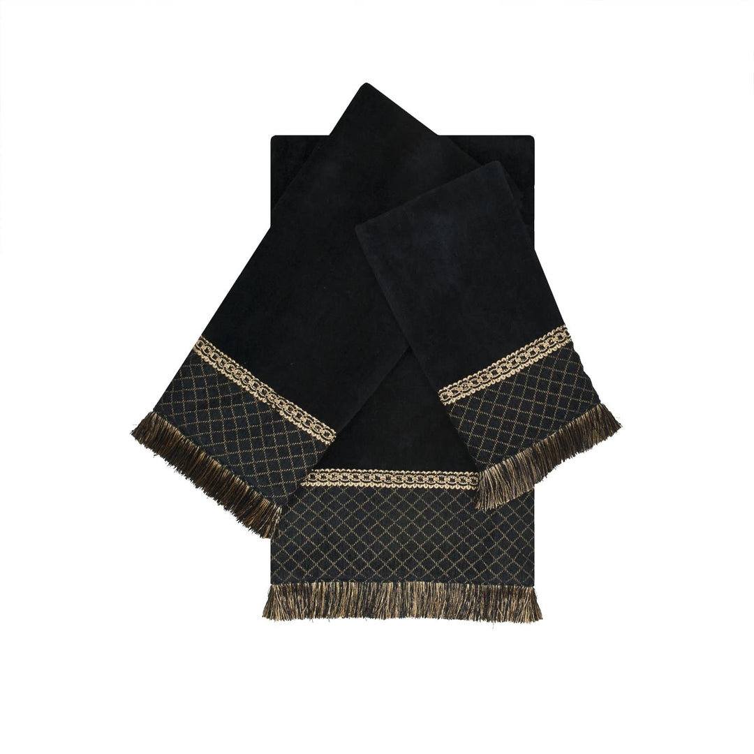 Black 3-Piece Decorative Embellished Towel Set Solid Color Cotton