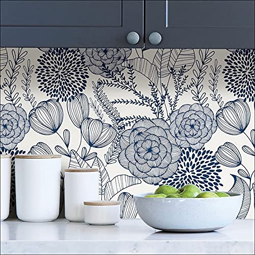 Navy Secret Garden Peel Stick Wallpaper X 20.5in Blue Floral Wildlife Vinyl - Diamond Home USA