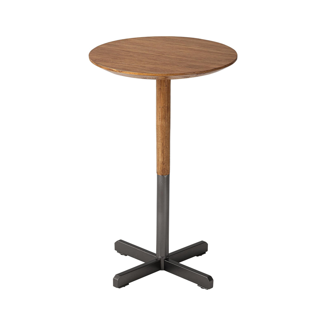 Small Pedestal End Table Modern Drink with Solid Fir Wood Top and Metal Base - Diamond Home USA