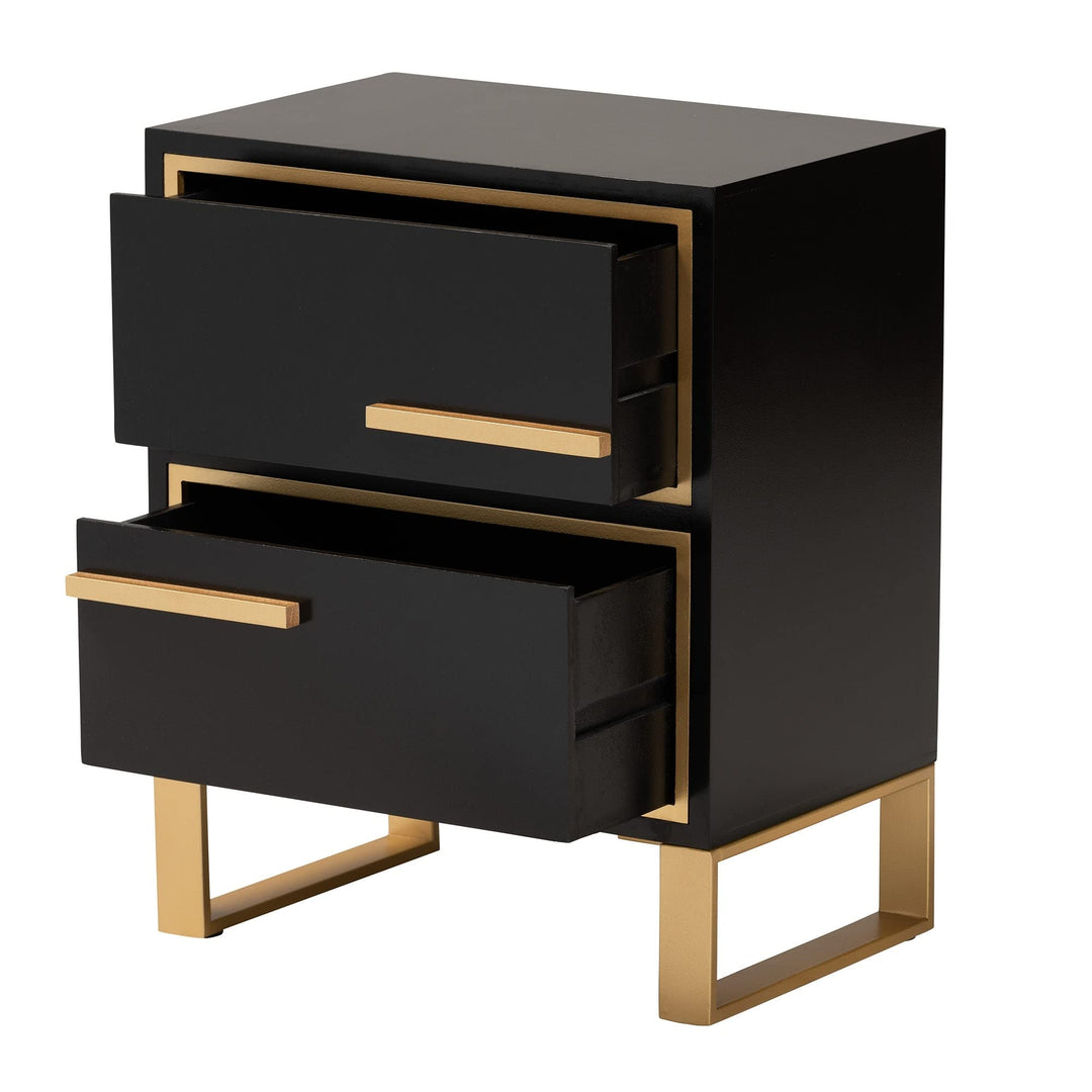Contemporary Glam and Black Finished Wood Gold Metal 2-Drawer Nightstand MDF - Diamond Home USA