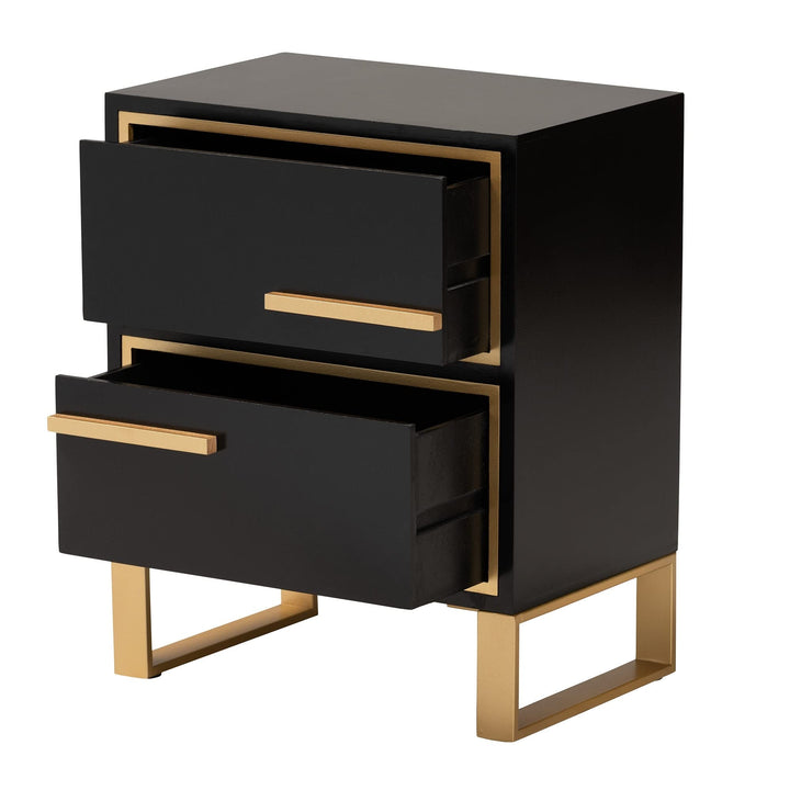 Contemporary Glam and Black Finished Wood Gold Metal 2-Drawer Nightstand MDF - Diamond Home USA