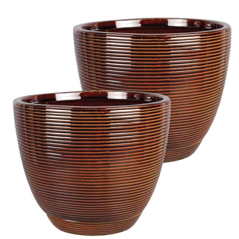 8" Planter 2-pk. Brown Bohemian Eclectic Round Ceramic