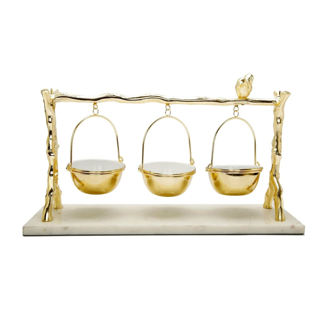 3 Hanging Bowls On Gold Branch And Marble Base Floral Casual Round Glass 1 Piece