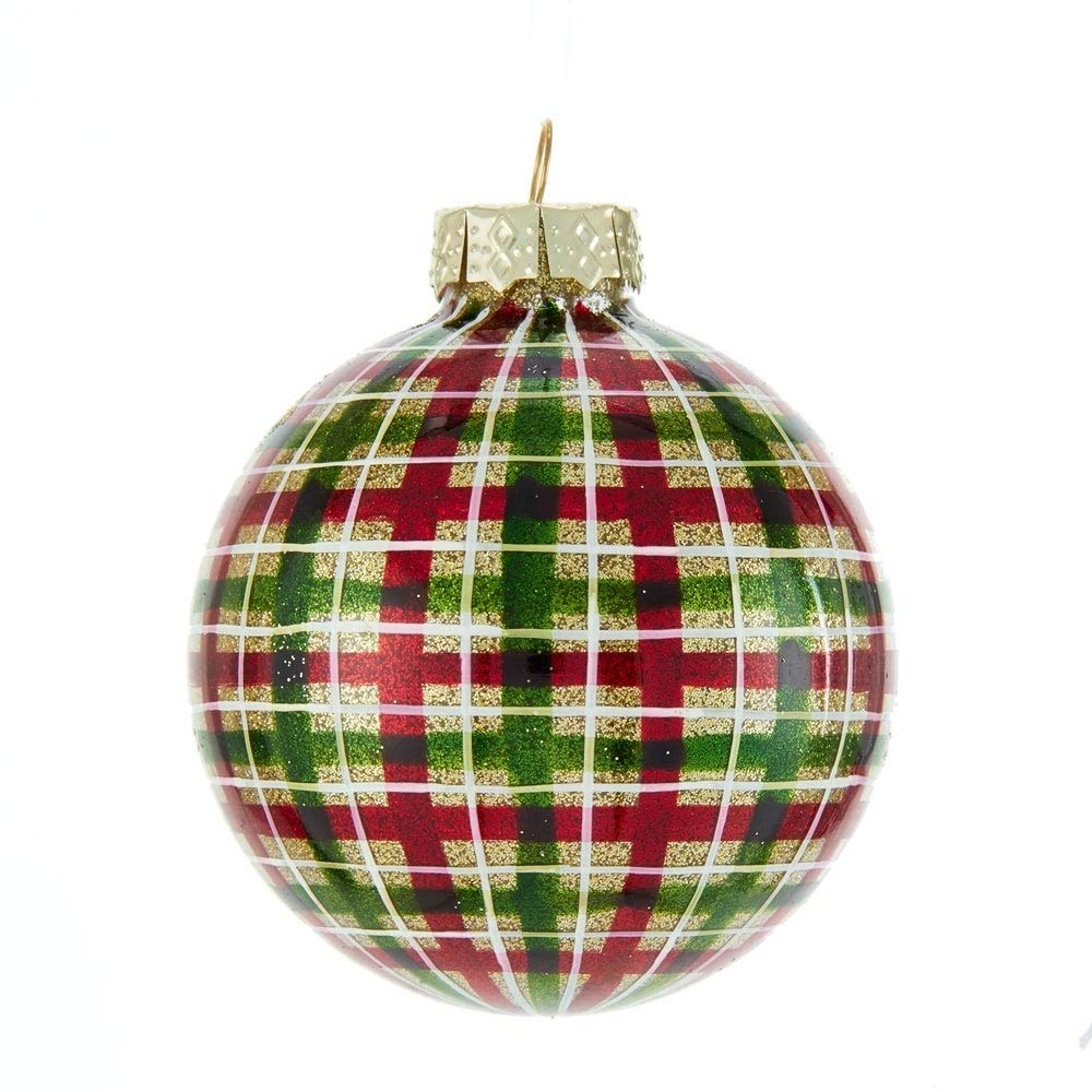 80mm Red and Green Plaid Glass Ball Ornaments 6 Piece Box