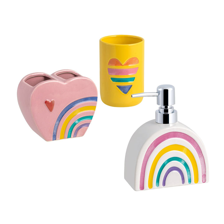 Rainbow Hearts 3pc Lotion Pump/Toothbrush Holder/Tumbler Bath Accessory